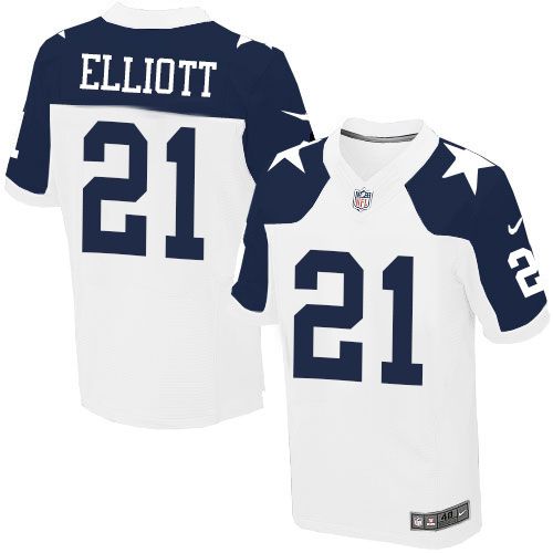 Nike Cowboys #21 Ezekiel Elliott White Thanksgiving Men's Stitched NFL Throwback Elite Jersey - Click Image to Close
